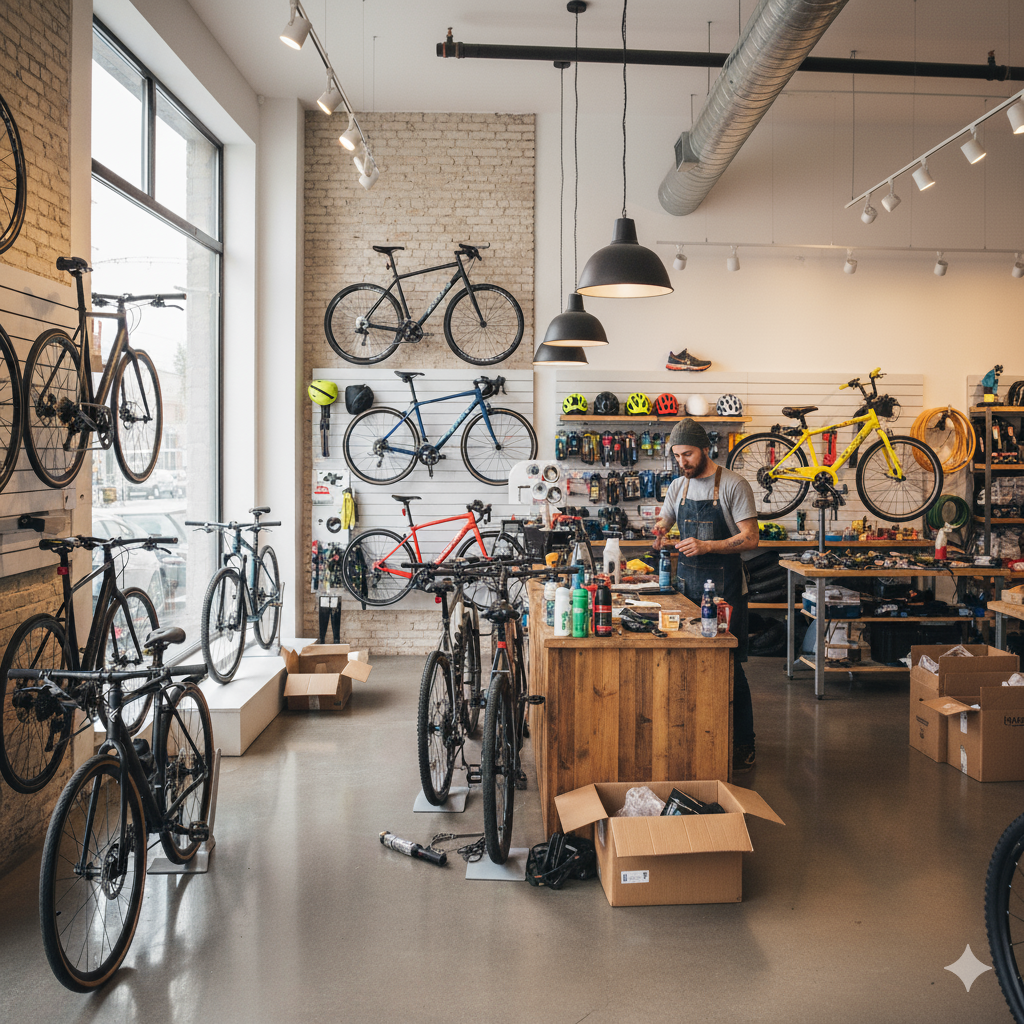 AI Generated image of a messy bike shop.